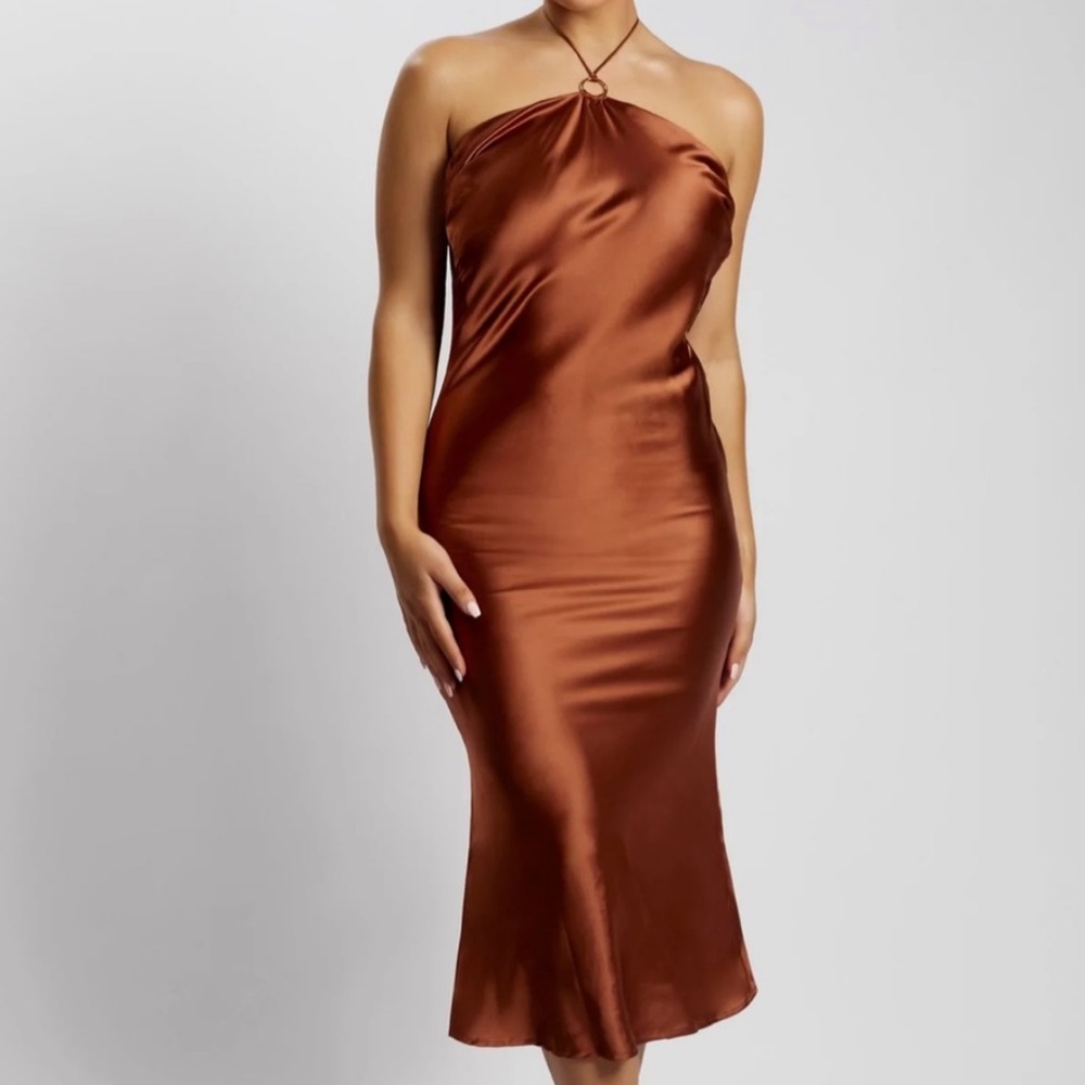 Meshki brown satin halter midi dress